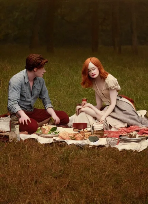 Image similar to emma stone having a picnic with tom holland, faded color film, russian cinema, tarkovsky, kodachrome, old clothing, heavy fog, 4 k, dramatic lighting, greg rutkowski