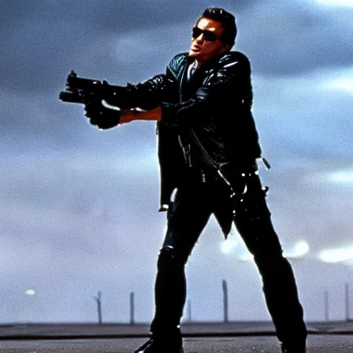 Prompt: cinematic still from terminator 2 : judgement day with the terminator played by sylvester stallone