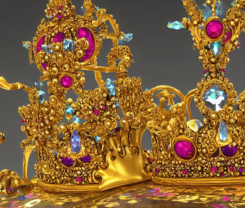 Image similar to Still life photo studio, golden crown adorned with multicolored gems, hyperdetailed, unreal engine, 8k