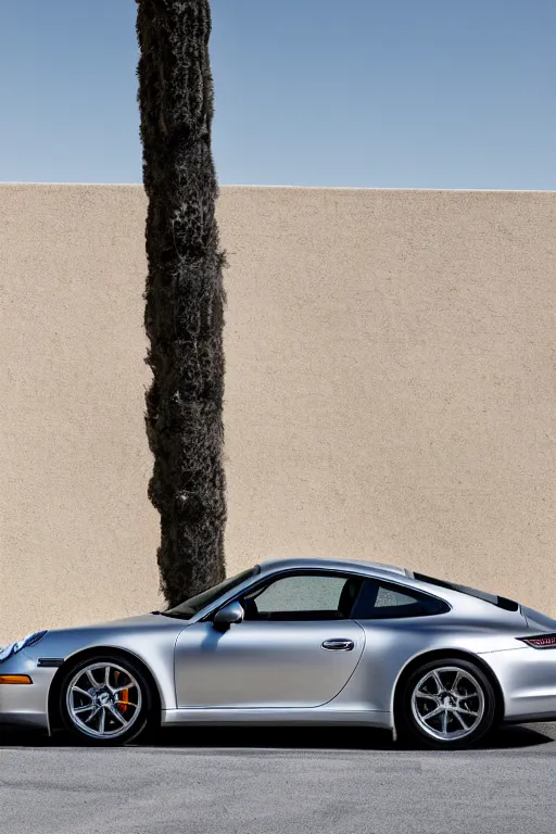 Image similar to Photo of a silver Porsche 911 Carrera 3.2 parked in front of a Prada Store in the desert, daylight, award winning, high resolution, well composed, cinematic.