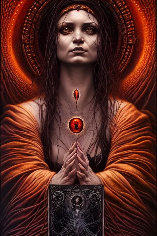 Image similar to A beautiful detailed goddess woman super dark tarot card, by tomasz alen kopera and Justin Gerard, 3rd eye open, beautiful symmetrical features, ominous, magical realism, texture, intricate, ornate, royally decorated, melting, whirling smoke, embers, red adornements, red torn fabric, radiant colors, fantasy, trending on artstation, volumetric lighting, micro details, 3d sculpture, ray tracing, 8k, anaglyph effect