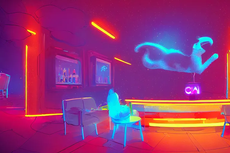 Image similar to a digital art of a cat sits on a chair in a luminous disco bar, animal, light effect, highly detailed, by anton fadeev