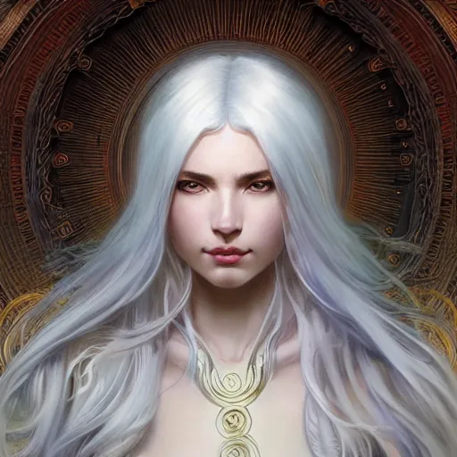 Image similar to god and goddess, white hair, long hair, gorgeous, amazing, elegant, intricate, highly detailed, digital painting, artstation, concept art, sharp focus, illustration, art by artgerm and greg rutkowski and alphonse mucha