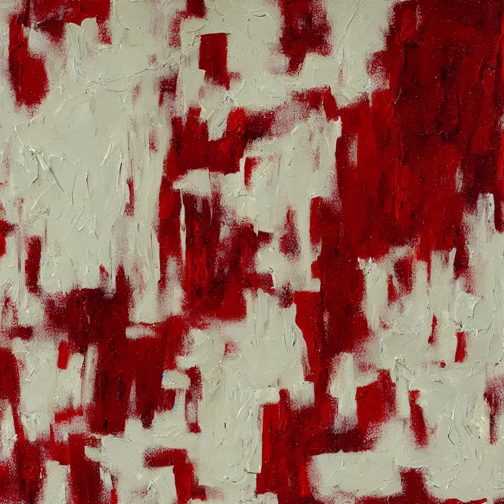 Prompt: thick creamy impasto, white thick heavy brush marks on a dark red background - i