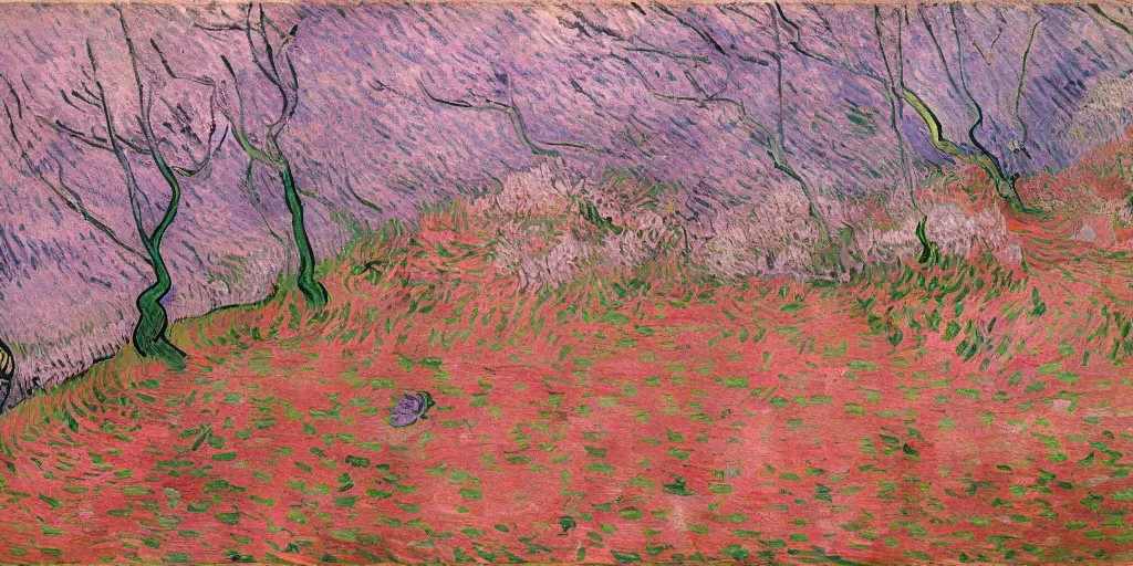 Image similar to in the dark cave, there is bright light at the exit, and outside is a pink peach blossom forest with colorful fallen flowers, by Vincent van Gogh