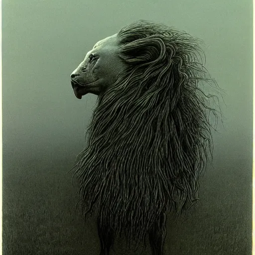 Image similar to a creature with the body and eyes of a man, with the beak of an eagle, the mane of a lion, and the horn of an bull. drawn by zdzislaw beksinski