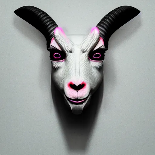 Image similar to synthwave demonic goat face with neon horns, detailed face, sharp focus, synthwave art, aesthetic, octane render, raw, cinematic, white background