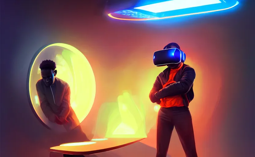 Prompt: handsome black genius hacking the metaverse, vr headset, holographic keyboard and curved digital holographic displays, luxury interior, electric orange glowing lights, highly detailed, digital painting, artstation, concept art, smooth, sharp focus, illustration, art by wlop, mars ravelo and greg rutkowski