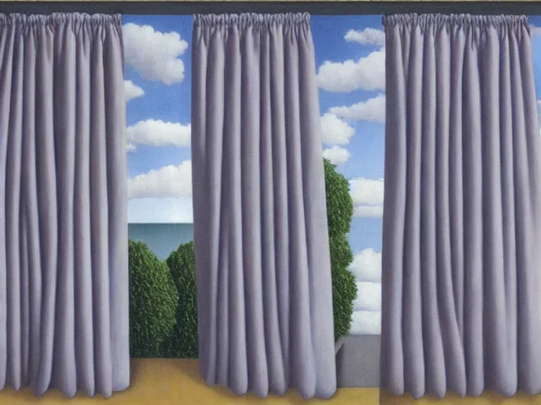 Image similar to curtains with clouds painted on them, painting by rene magritte, centered, high detail, high resolution