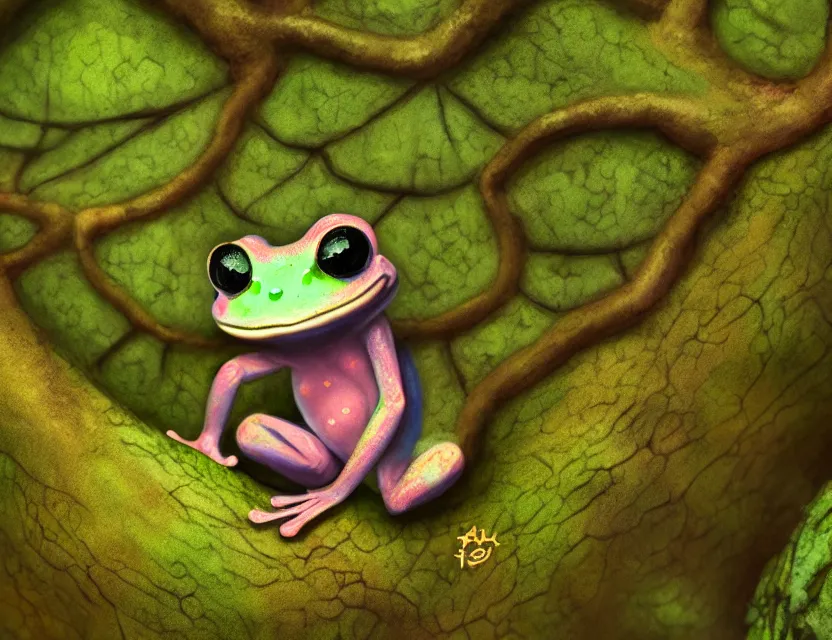 Prompt: female dart frog yokai in the lichen woods. safe for work, muted complementary colors, anime still, luminescent, 4 k, chiaroscuro, rimlight.