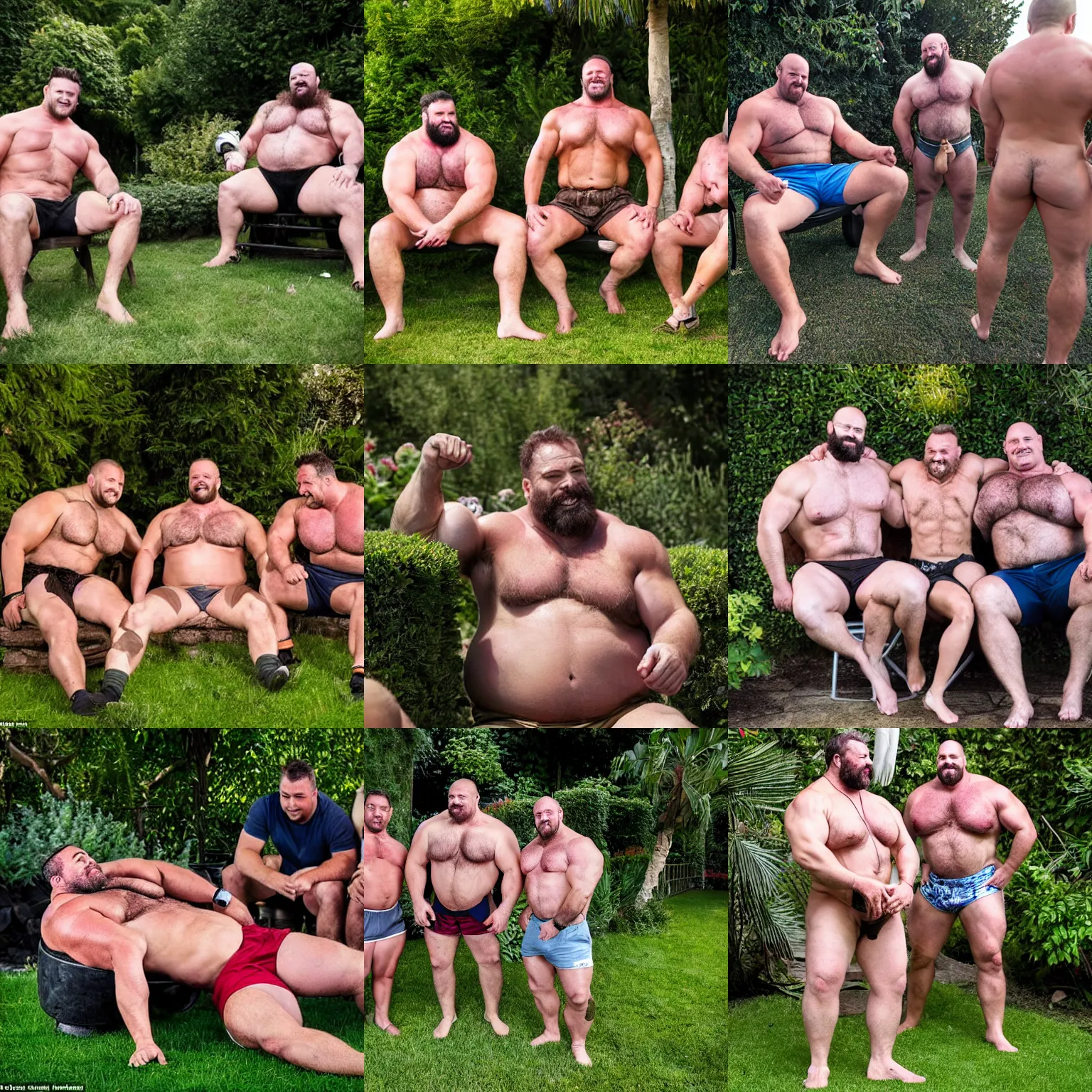 Prompt: massively buff, thick and hairy strongman relaxing in his garden with his strongman friends around him in shorts, photography