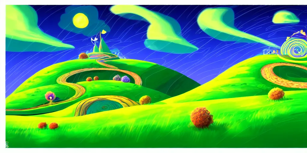 Prompt: night chubby cartoon concept art, grass night spiral mountain landscape, from lorax movie, black blue green, spiral clouds, sam and max