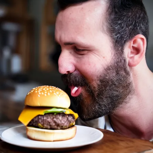 Image similar to a man enjoying a burger full of cheese in his kitchen, 4 k, cinematography, photography, realistic, detailed,