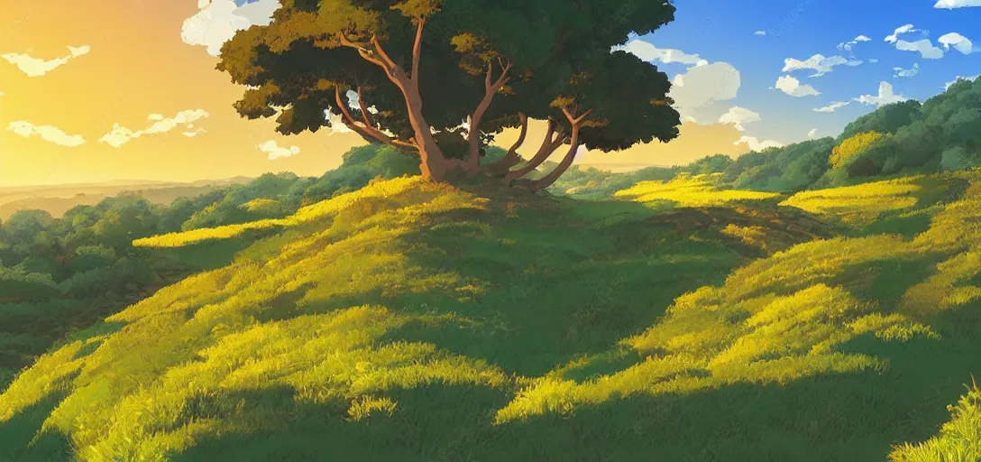 Image similar to hill and countryside during golden hour by studio ghibli, peaceful, serene, blissful, golden hour