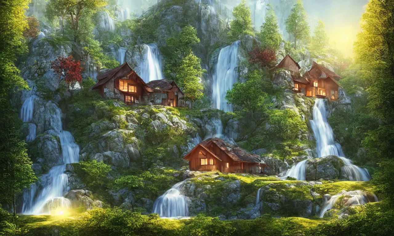 Prompt: scandinavian house in the forest on a hill, a waterfall flows down from the mountain in the background, vector art, fabulous, global illumination, warm lighting, by jordan grimmer