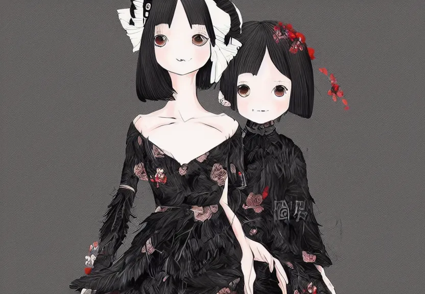 Image similar to little girl with a short black haircut wearing a dress made of black feathers, artwork in genshi impact art style, anatomically perfect