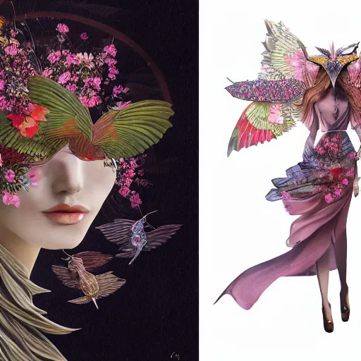 Prompt: 3 / 4 view of a beautiful girl wearing an origami dress, hummingbirds, elegant, by esao andrews, by eiko ishioka, givenchy, by peter mohrbacher, centered, floral ornamentic on cloth and hair, detailed beautiful face, high depth of field, origami, detailed fashion illustration, vogue, japanese, reallusion character creator
