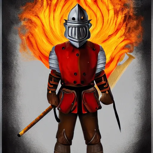 Image similar to A knight wearing a firefighter helmet and wielding a fire axe, highly detailed, digital art, sharp focus, trending on art station, flames, anime art style