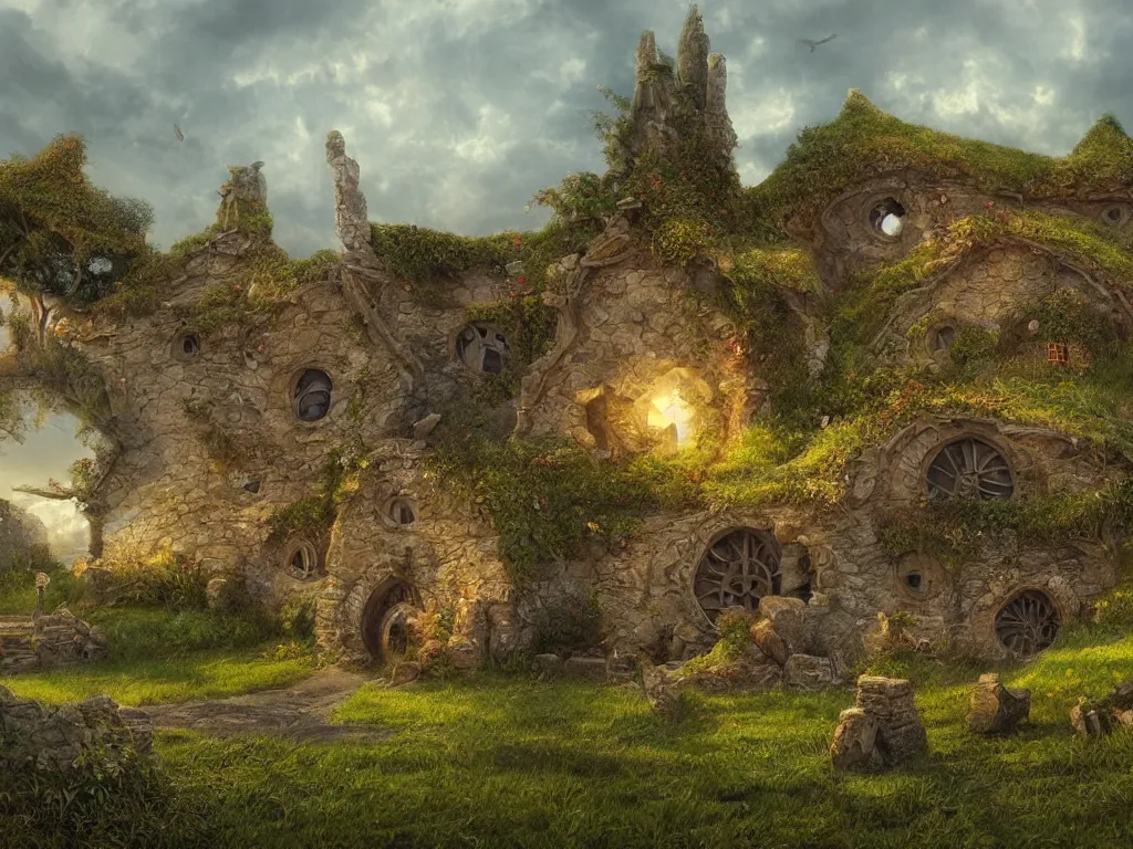 Prompt: Hobbiton in ruins, evening, detailed matte painting, cinematic, Alan Lee, Artstation