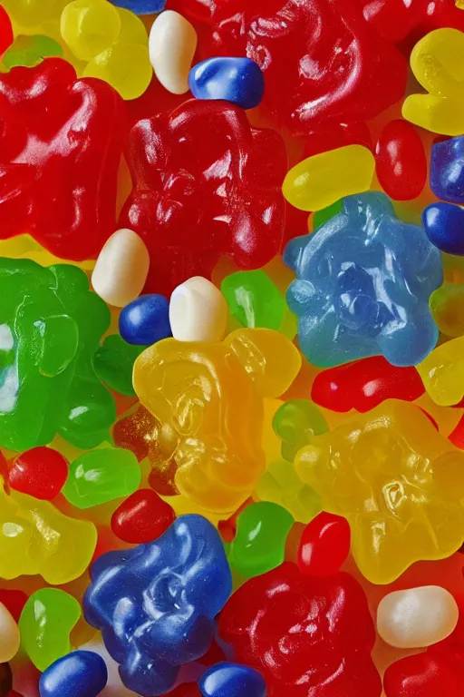 Image similar to super close up of still life of a bouquet of soft gummy bears and jelly beans in the shape of different flowers, delicious rubbery translucent squishy sweets, soft light, highly detailed, close up, northern renaissance