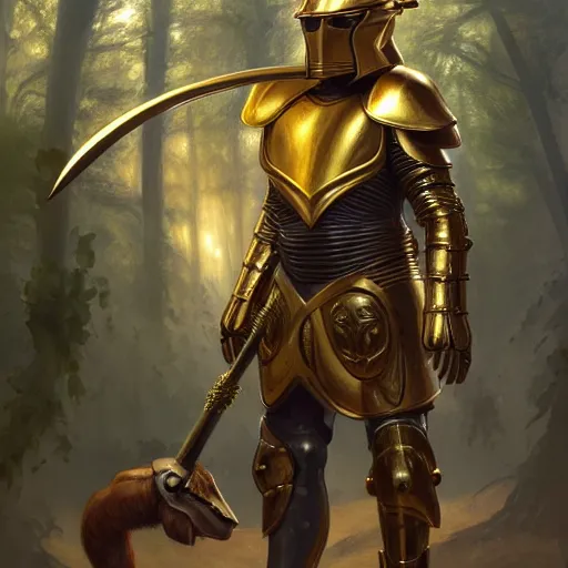 Image similar to photo of a humanoid ant - eater dressed in armor with a golden helmet on the head, hold sword in the forest, highly detailed, digital painting, artstation, smooth, sharp focus, illustration, art by artgerm and greg rutkowski and alphonse mucha