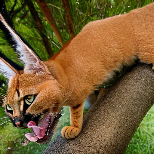 Image similar to fisheye photo of a caracal hissing