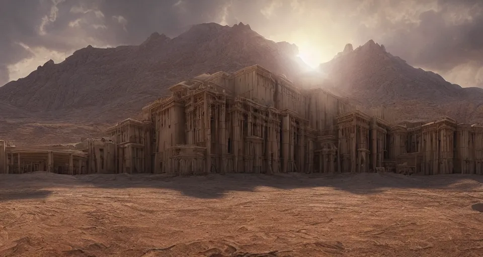 Prompt: an epic matte painting by weta digital, theeb palace designed by hr giger,, hyper realistic octane render 4k, lens flare, light leaks, golden hour