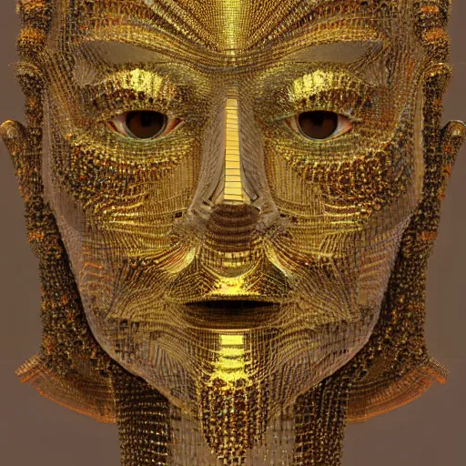 Image similar to a beautiful symmetrical face made of crystals,golden ornaments by alex gray and android jones, 3D, 8k resolution