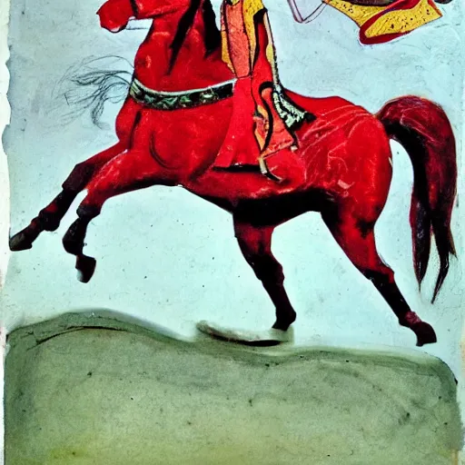 Image similar to The mixed mediart shows the heroine riding on a magnificent red horse. She is clad in a traditional Russian folk costume, complete with a brightly-colored headscarf. Her face is pale and beautiful, with a look of resolve in her eyes. Behind her, the horse's hooves churn up the earth as they gallop across the countryside. In the distance, the dark forest looms, its trees reaching up into the sky. scientific diagram by Jack Davis, by Zinaida Serebriakova amorphous