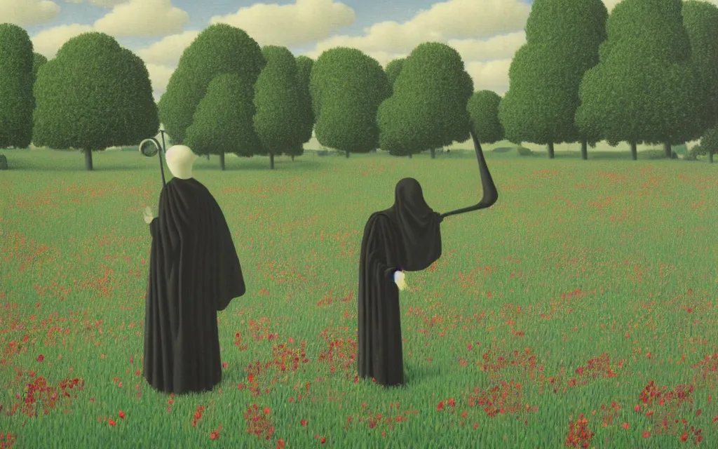 Prompt: grim reaper with no face, holding justice scale, looking at you in distance in beautiful meadow of flowers, detailed painting by rene magritte