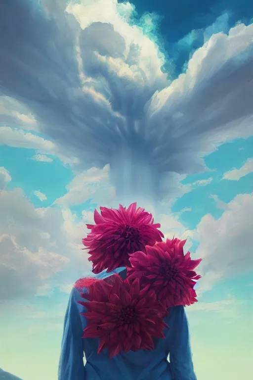 Image similar to perspective giant dahlia flower as head, girl standing on mountain, surreal photography, blue storm clouds, dramatic light, impressionist painting, digital painting, artstation, simon stalenhag