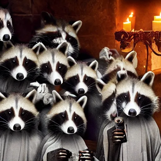 Prompt: disposable camera photo, a group of raccoons wearing dark cult robes look towards the camera in surprise and anger as they perform a dark occult evil ceremony inside the secret lair of an underground mystery cult, dramatic candlelight, ultra - detailed, photorealistic, 4 k