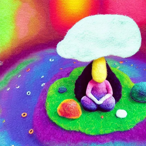 Prompt: a black girl with a colorful afro and big beautiful eyes meditating in a rainbow magic mushroom zen garden, bokeh, bright colors, synthwave, watercolor, volumetric wool felting, felt, macro photography, children illustration, by goro fujita