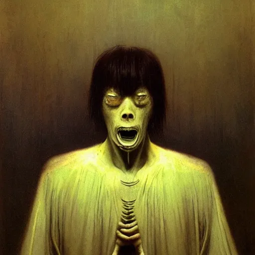 Image similar to style by millais, ( ( ( ( ( ( ( ( by beksinski ) ) ) ) ) ) ) ), portrait painting of american yokai, 8 k, highly detailed,