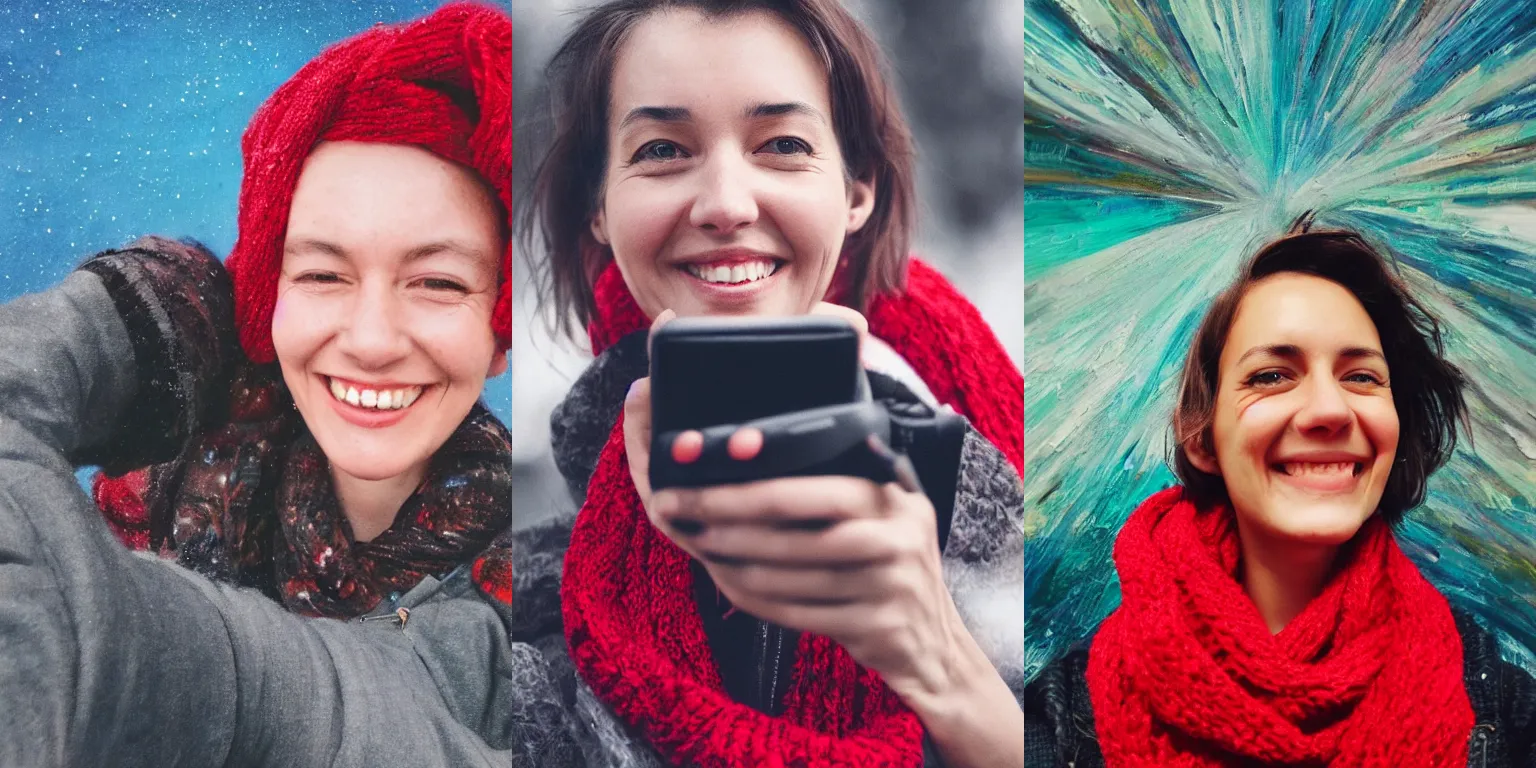 Prompt: a smiling women taking a zoomed out selfie, hyper realistic photography, highly detailed, sharp focus, good vibes, realistic, highly detailed attribute, award winning, art by portrait realistic illustrators, wearing a red scarf, short hair