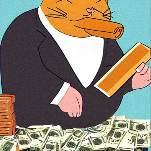 Prompt: a fat cat smoking a cigar whilst counting his money