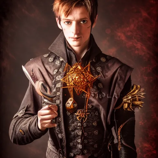 Prompt: portrait of a male warlock with dagger on it's hand, fantasy, D&D, HDR, natural lighting , award winning photograph, 8k, Mucha style,