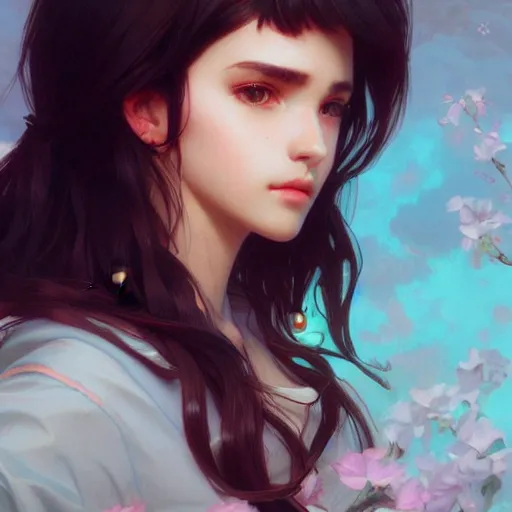 Image similar to brunette uwu girl cute, vaporwave, highly detailed, digital painting, artstation, concept art, smooth, sharp focus, illustration, art by artgerm and greg rutkowski and alphonse mucha