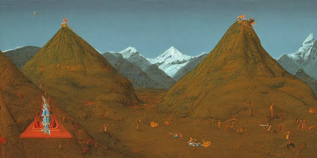 Prompt: Shiva on his Vimana with the Himalaya from the Shiva Rahasya 1827 in the style of David Hockney, detailed oil painting