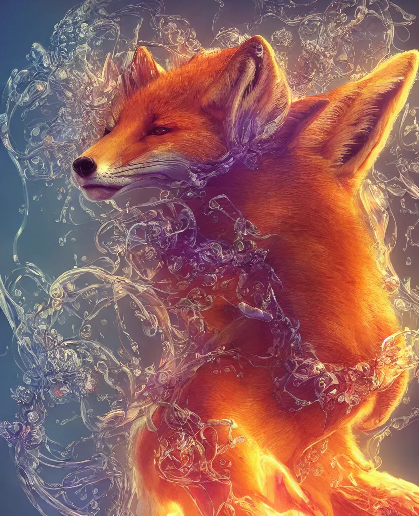 Image similar to close-up portrait of a beautiful fox in a twisted flowers orchid jellyfish mask surrounded by energy flow, epic angle and pose, symmetrical artwork, 3d with depth of field, blurred background, floating jellyfish skull phoenix bird, translucent, nautilus, energy flows of water and fire. a highly detailed epic cinematic concept art CG render. made in Maya, Blender and Photoshop, octane render, excellent composition, cinematic dystopian brutalist atmosphere, dynamic dramatic cinematic lighting, aesthetic, very inspirational, arthouse. y Greg Rutkowski, Ilya Kuvshinov, WLOP, Stanley Artgerm Lau, Ruan Jia and Fenghua Zhong