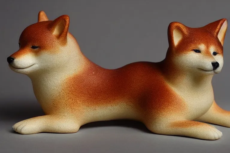 Image similar to a very beautiful intricately shaped organic sculpture carved from steamed buns depicting a shiba inu. studio lighting, high resolution, high quality, dark background