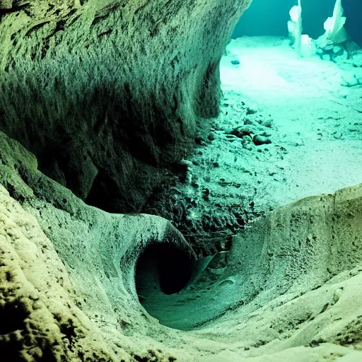 Prompt: photo of dangerous dark depths of an ancient underwater cave liminal