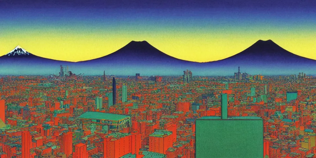 Prompt: skyline of a large metropolis, large mountain looming in the background, acid and dreaming psychedelic hallucinations, by kawase hasui, moebius and edward hopper, colorful flat surreal design, hd, 8 k, artstation