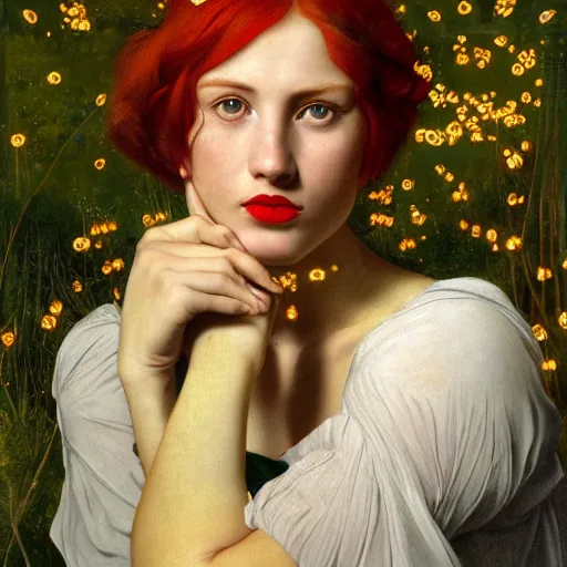 Image similar to a highly detailed portrait of a red haired young woman, among golden fireflies and nature, deep green eyes, hint of freckles, round gentle face, cheeky smile with red lips, deep focus, smooth, sharp, golden ratio, elegant, hyper realistic art by artemisia lomi gentileschi, caravaggio and sakimichan