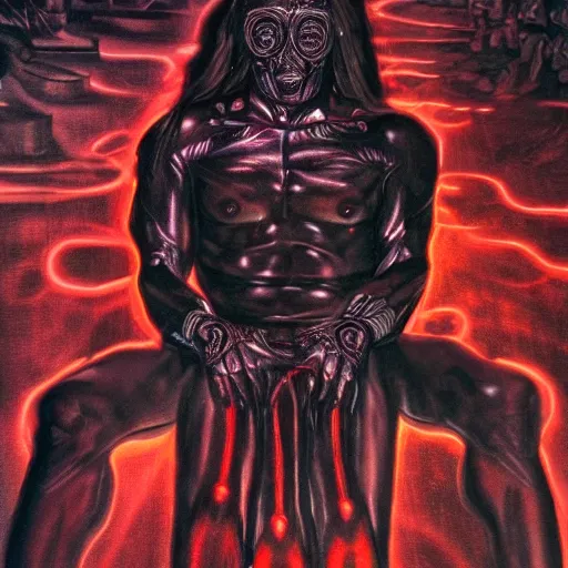 Prompt: highly detailed dark god sit on the tron, surreal, night, death, fear, caravaggio, hyperrealism, detailed and intricate environment, volumetric dramatic light