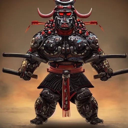 Image similar to very big very muscular very buff very strong samurai, wearing a cybernetic oni mask. The mask is cybernetic. Accurate, wellmade, detailed, movie still, I am a movie director