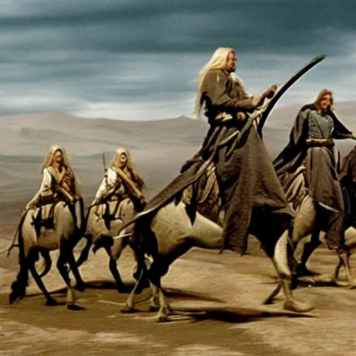 Image similar to still from lord of the rings showing the ride of the rohirrim, riding toward minas tirith on camels