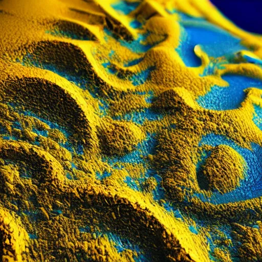 Prompt: a close up view of a yellow and blue substance, a microscopic photo by filip hodas, trending on cgsociety, kinetic art, bioluminescence, rendered in unreal engine, fractalism