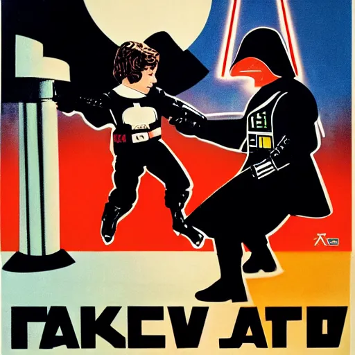 Image similar to darth vader and luke skywalker on roller skates, soviet propaganda poster