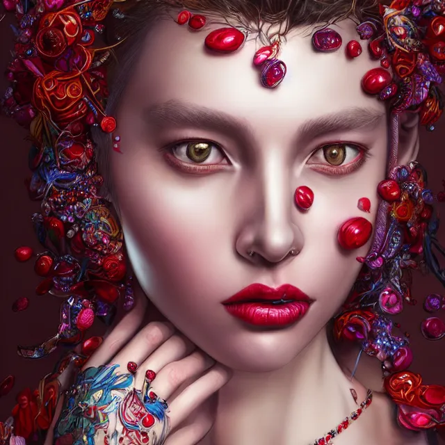 Image similar to studio portrait of absurdly beautiful, elegant, young hypercolorful woman made of rubies and red gems, ultrafine hyperrealistic detailed face illustration by kim jung gi, irakli nadar, intricate linework, sharp focus, bright colors, matte, octopath traveler, final fantasy, unreal engine highly rendered, global illumination, radiant light, intricate environment